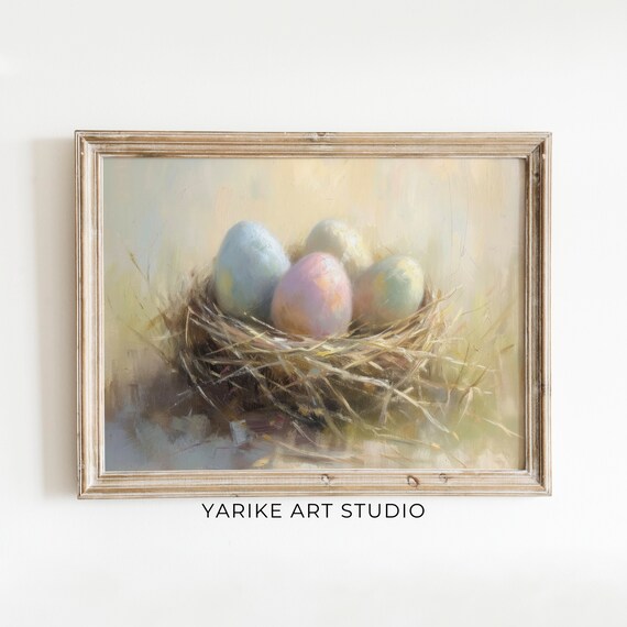 Bird Nest with Pastel Eggs Oil Painting Spring Nest Easter Poster