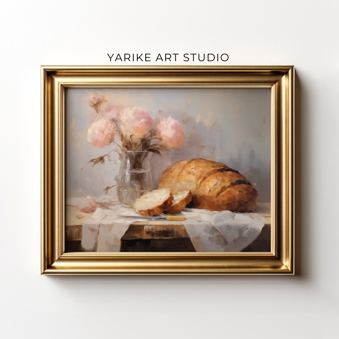 Vintage Rustic Bread And Pink Peonies Still Life Farmhouse Poster - Image 2