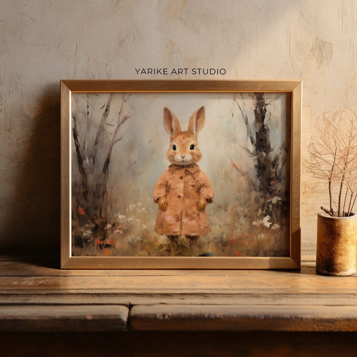 Charming Bunny Wearing a Coat Cottagecore Portrait Painting Poster