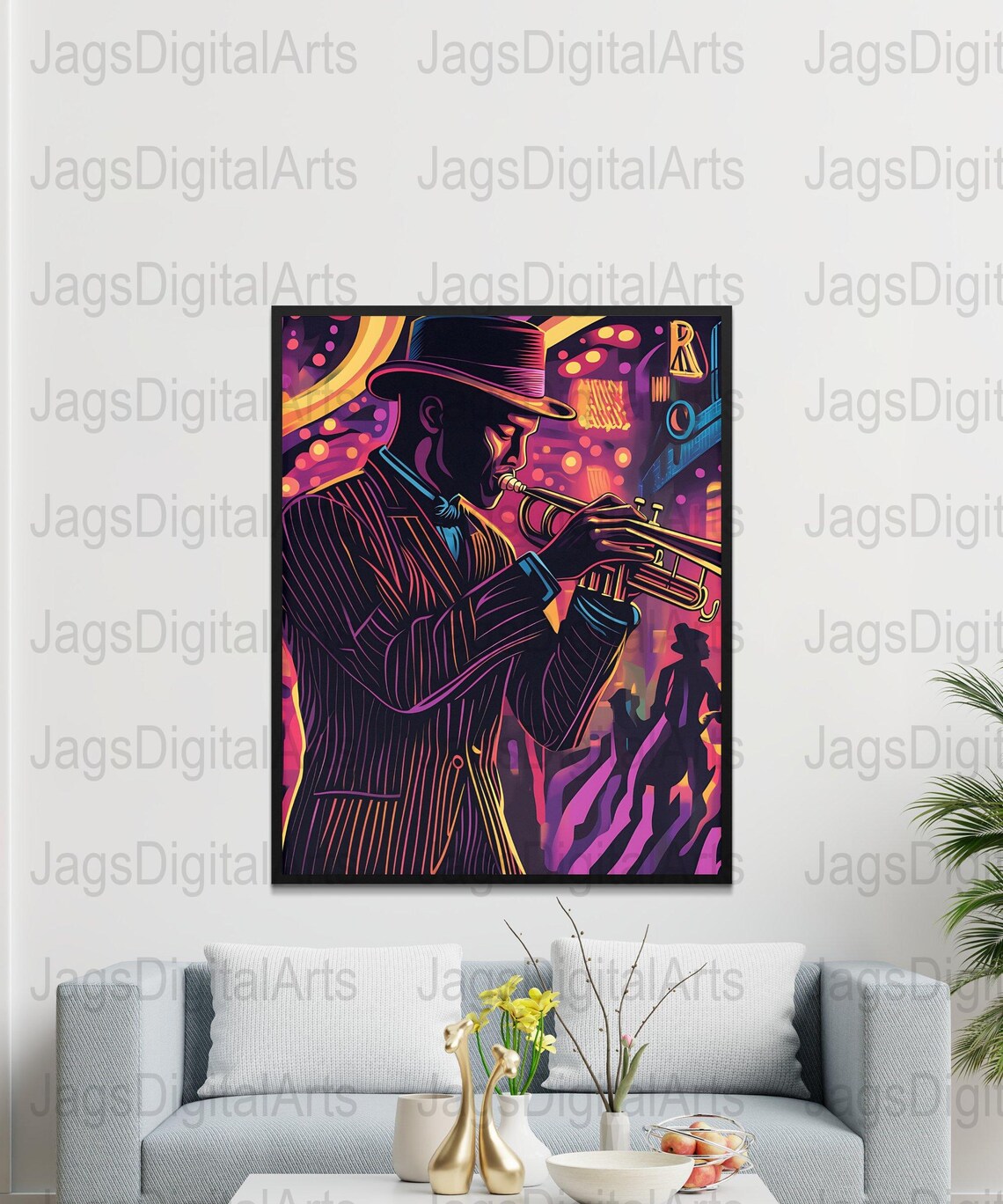 Neon Jazz Trumpeter Fedora Nightclub Retro Music Scene Art Poster - Image 5