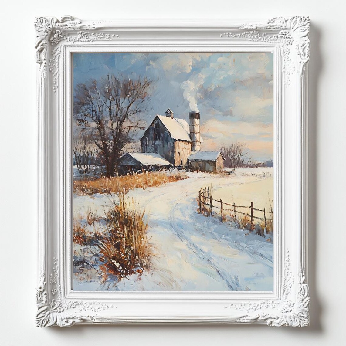 Snowy Farm Barn Oil Painting Winter Countryside Landscape Scene Poster