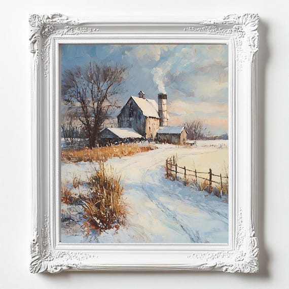 Winter Scene Farmhouse Art Print Snowy Trees Landscape Decor Cozy Wall For Home