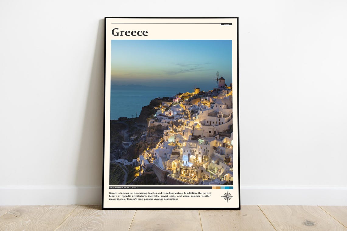 Greece Island Hillside Town Dusk Lights Aegean Photography Poster