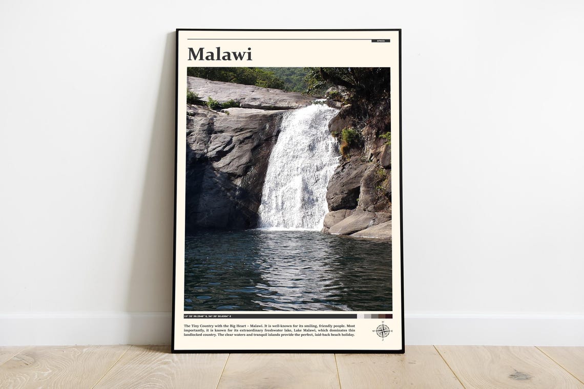 Malawi Waterfall Granite Cliffs Africa Nature Scenic Travel Poster