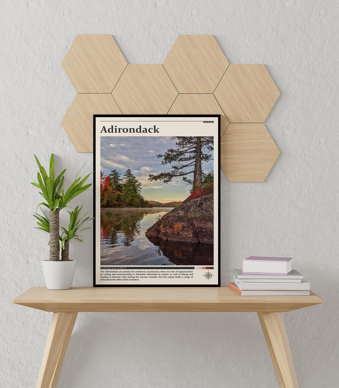 Adirondack Mountains Lake Autumn Pines Rock Shore Travel Poster - Image 3