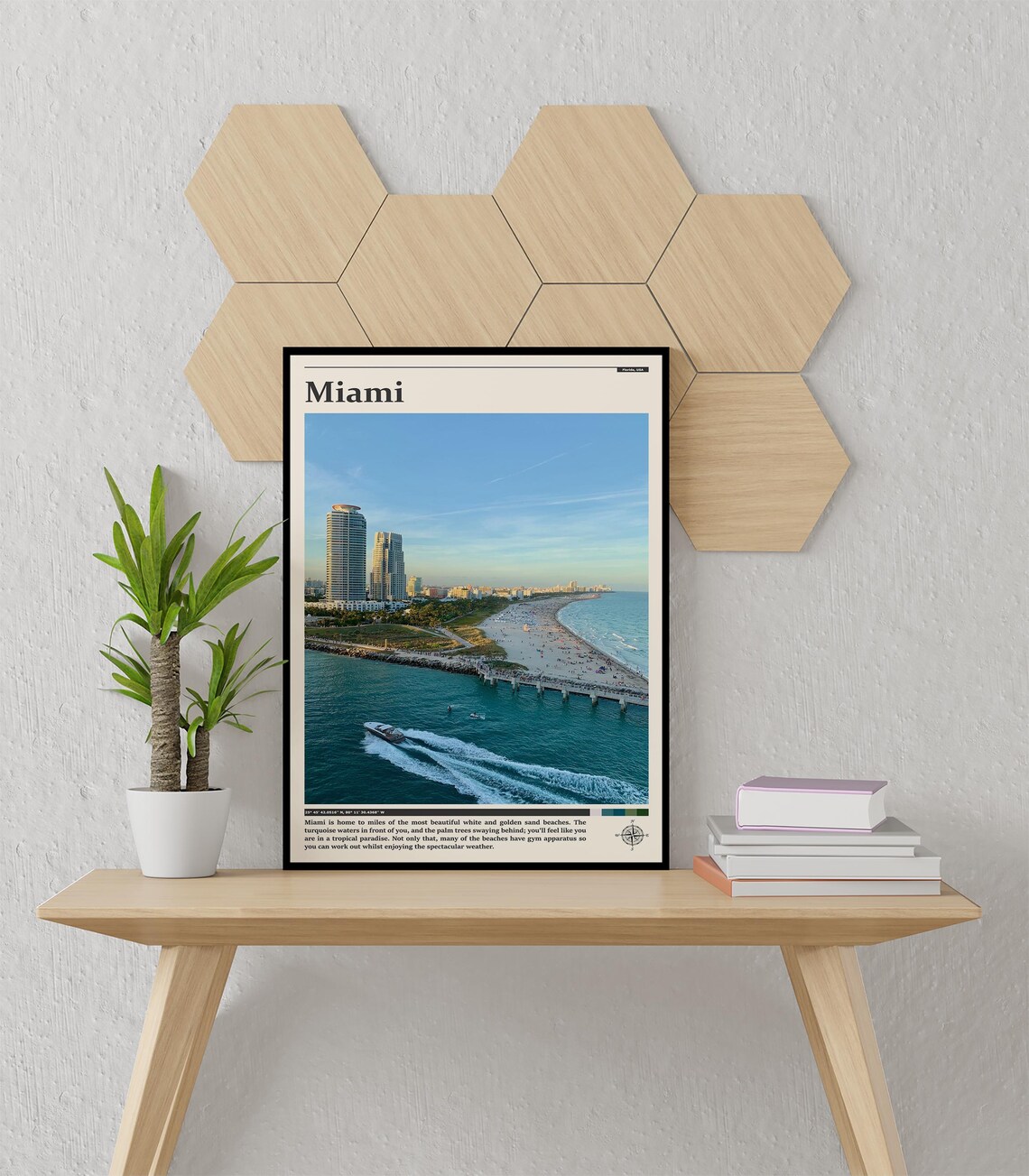 Miami Florida Aerial Skyline Pier Speedboat Bay View Travel Poster - Image 3