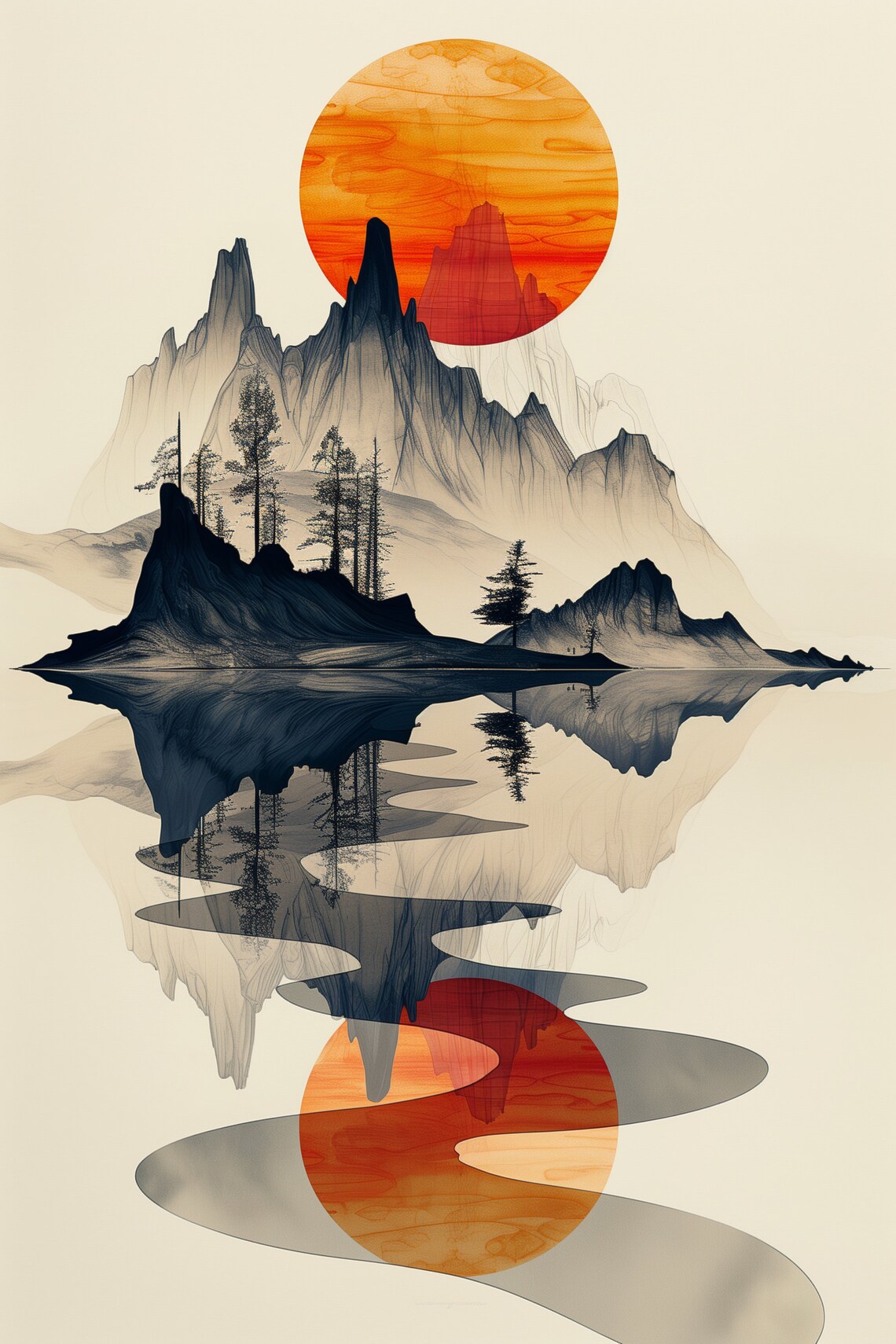 Misty Mountain Lake Reflection Red Sun Japanese Ink Wash Nature Poster - Image 2