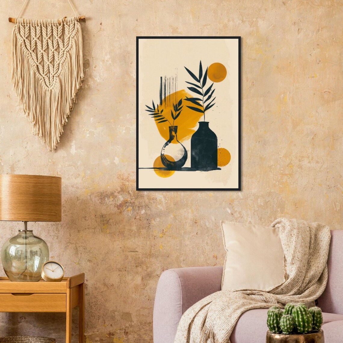 Botanical Still Life Dark Vases Leafy Branches Ochre Sun Art Poster - Image 3