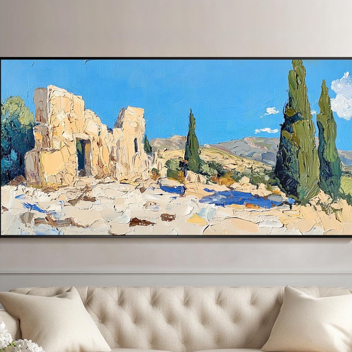 Ancient Stone Ruins With Cypress Trees Mediterranean Travel Poster