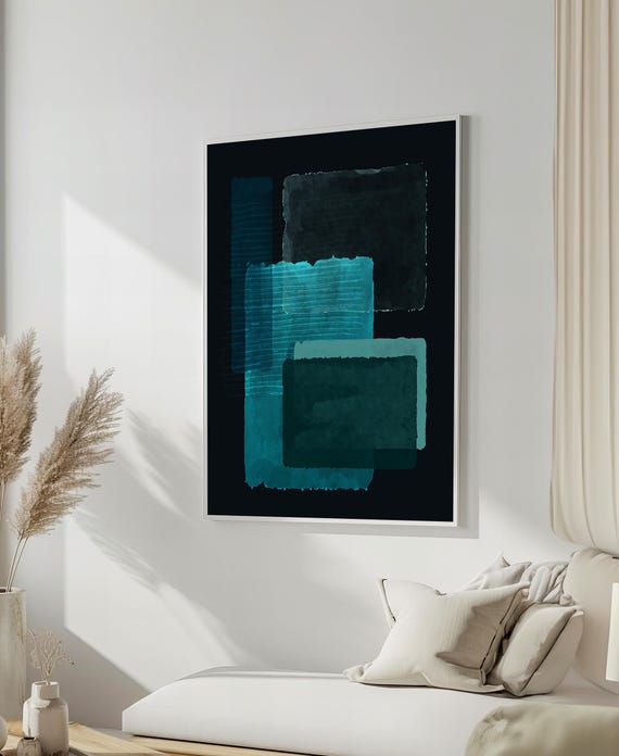 Layered Teal And Black Abstract Painting By Mark Rothko Modern Geometric Art For Contemporary Home Decor Gift
