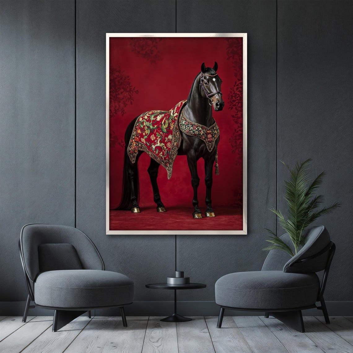 Black Horse in Ornate Saddle Blanket Facing Right on Red Poster - Image 3