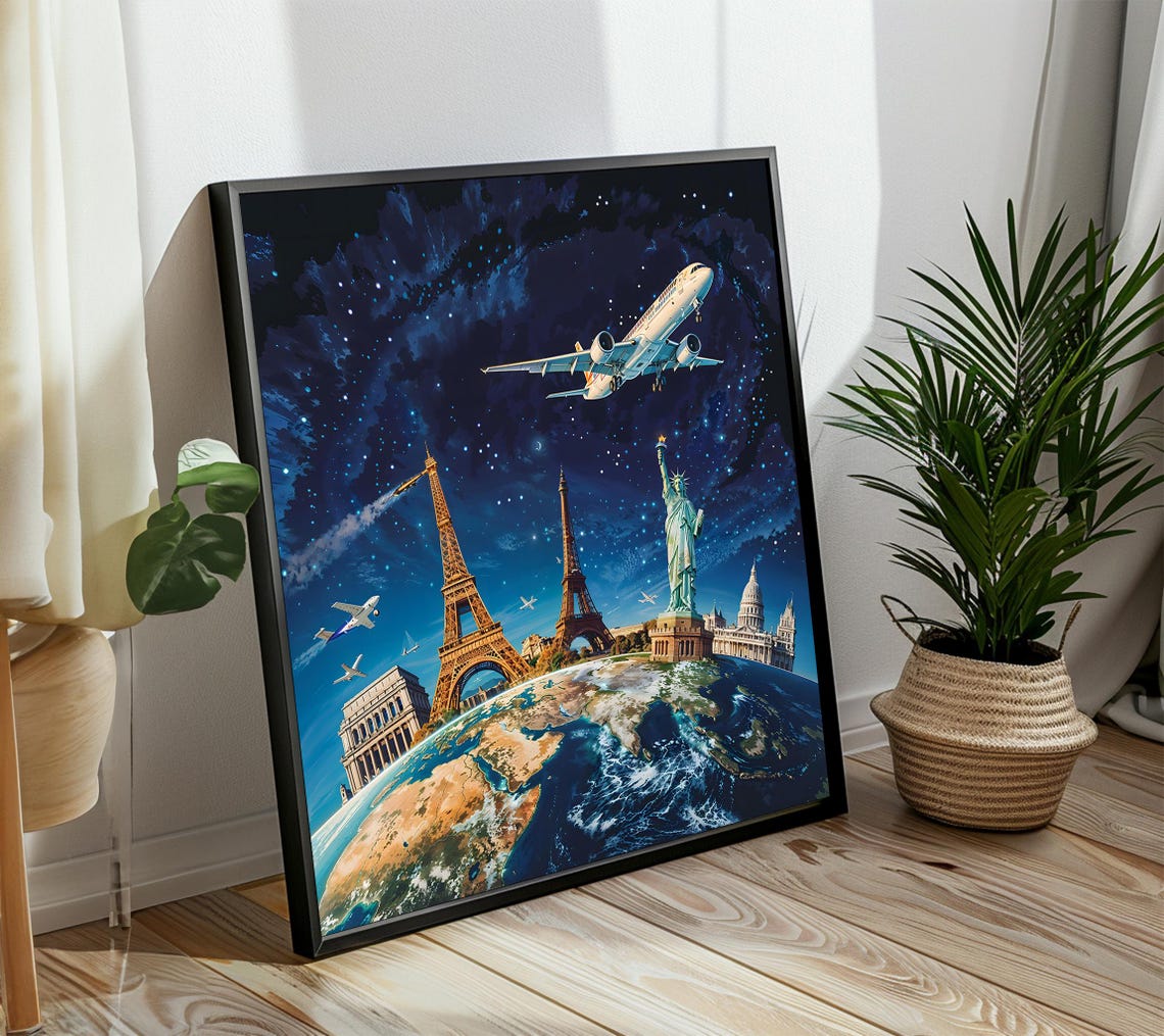 World Landmarks Under Starry Night Airplane Adventure Travel Poster