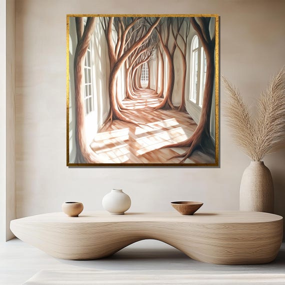 Surreal Forest Painting Dreamy Tree Hallway Art Nature Inspired Wall Decor Large Fantasy Landscape Home Gift For Art Lovers