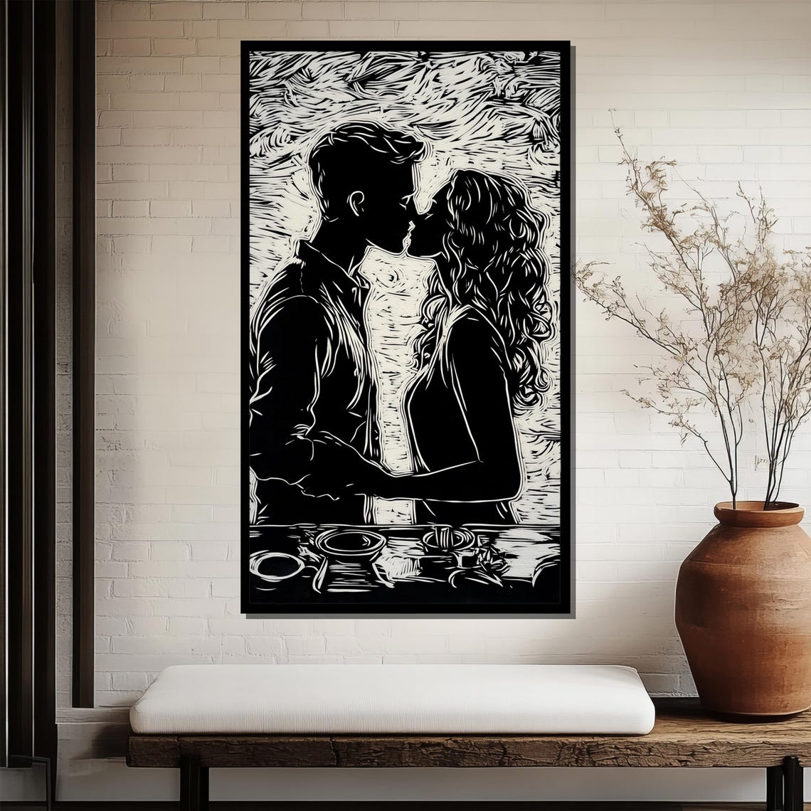 Kissing Couple Linocut Black and White Romantic Dinner Art Poster - Image 3
