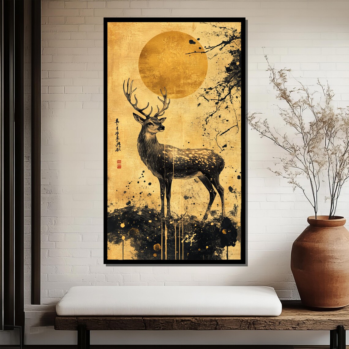 Golden Japanese Deer Beneath Full Moon Ink Wash Style Art Poster - Image 3