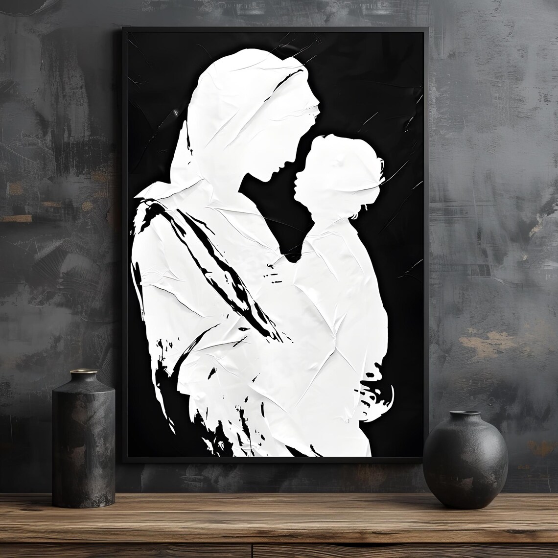 Minimalist Black And White Silhouette Of A Mother And Child Poster - Image 2