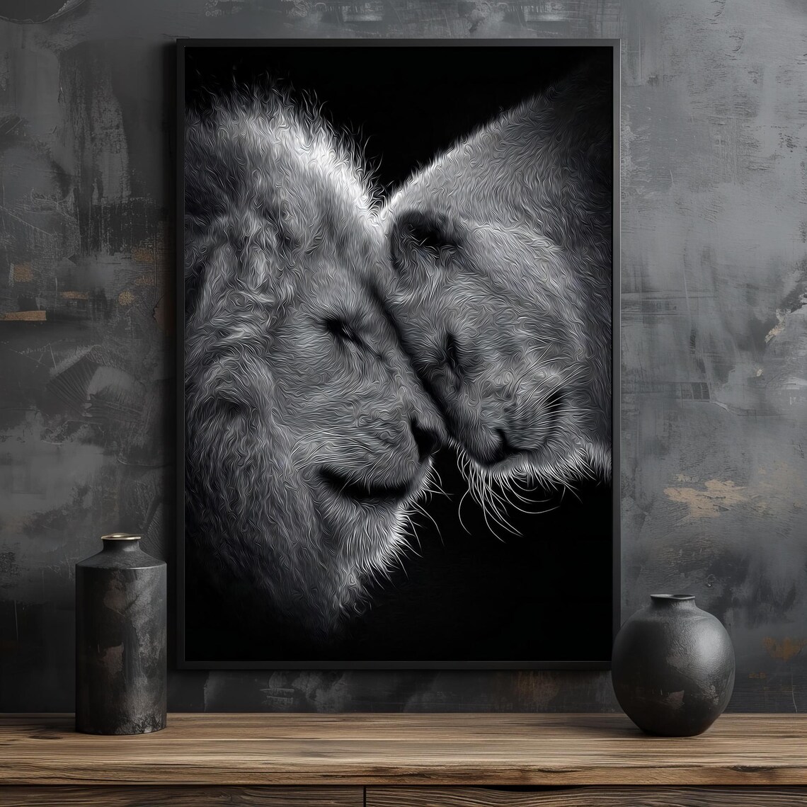 Lion and Lioness in Tender Embrace Monochrome Art Poster For Couples Gift - Image 2
