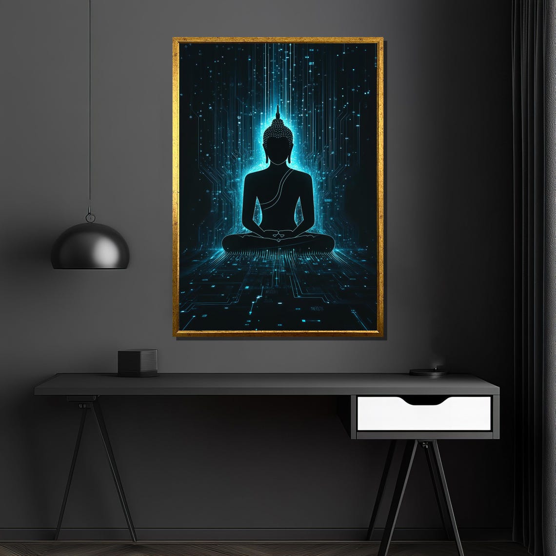 Futuristic Cyber Buddha Teal Circuit Glow Neon Abstract Art Poster - Image 4