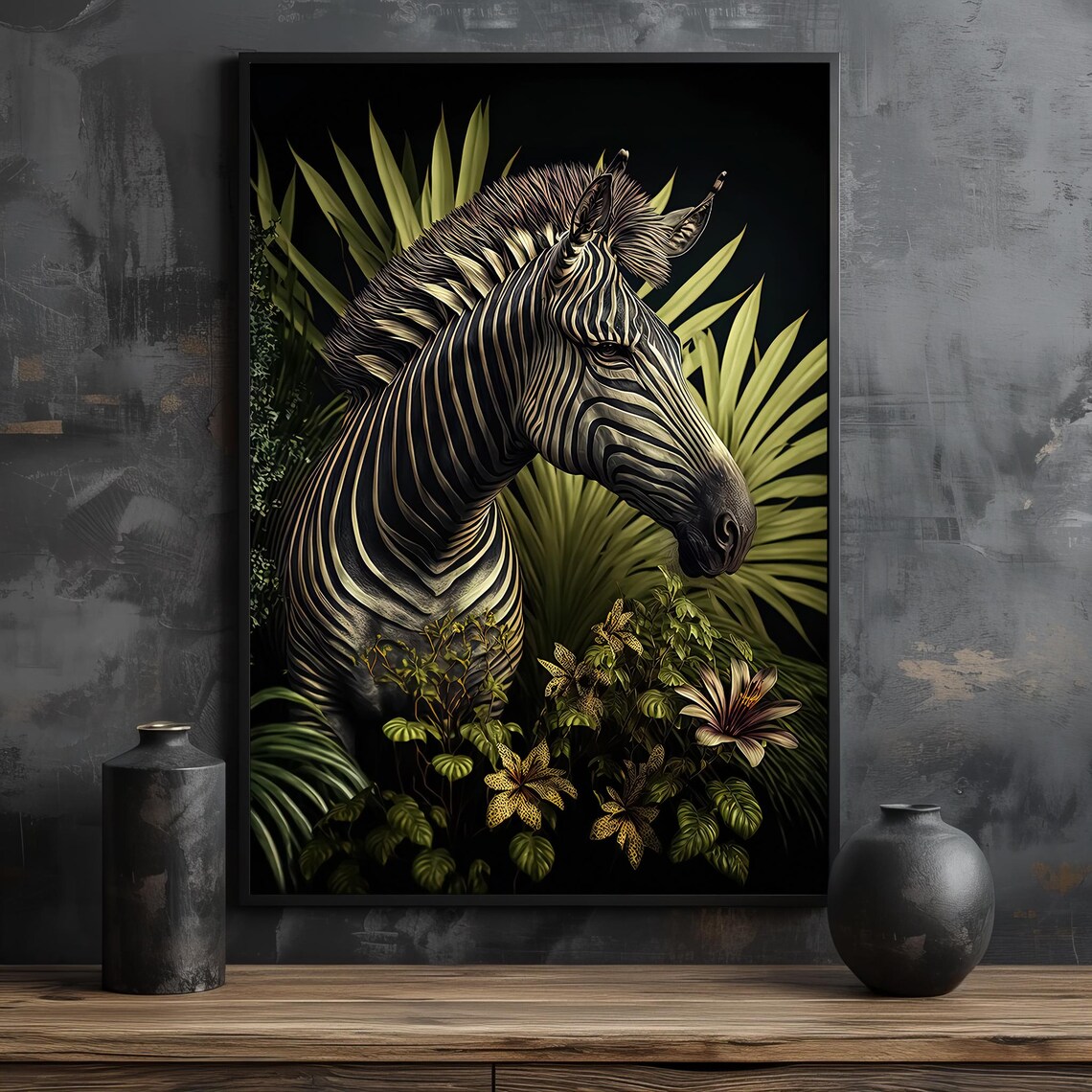 Elegant Zebra In Lush Jungle Dark Botanical Animal Portrait Art Poster - Image 2