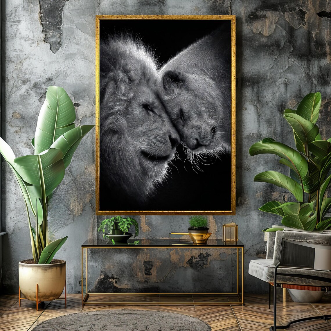 Lion and Lioness in Tender Embrace Monochrome Art Poster For Couples Gift - Image 4
