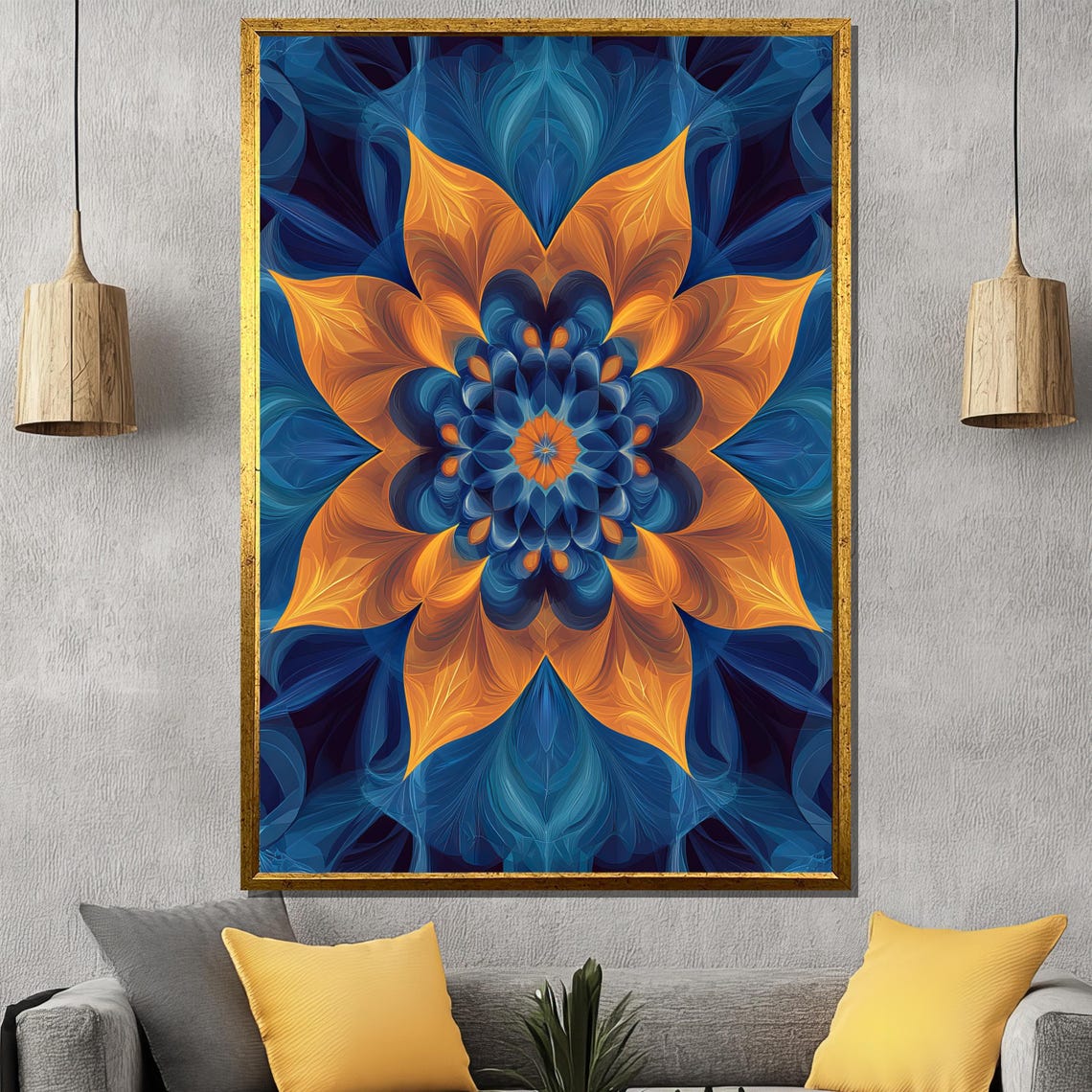 Glowing Orange Flower Mandala Blooming on a Deep Blue Poster