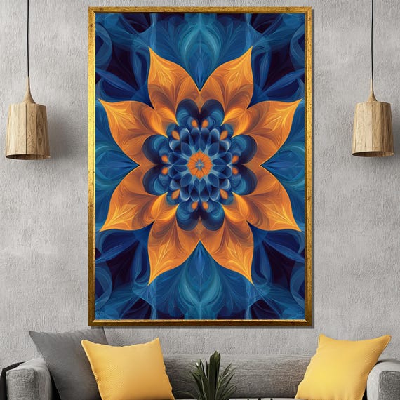 Blue And Orange Floral Mandala Painting Boho Wall Art Geometric Home Decor Unique Gift For Art Lovers