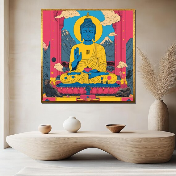 Psychedelic Colorful Buddha Mountain Vibrant Spiritual Poster