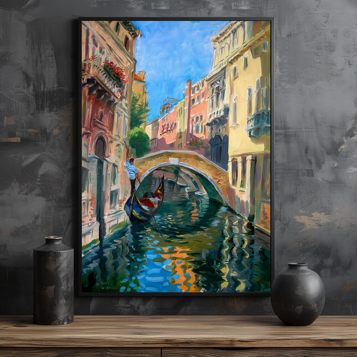 Venetian Canal Gondola Under Bridge Colorful Italy Travel Poster - Image 2