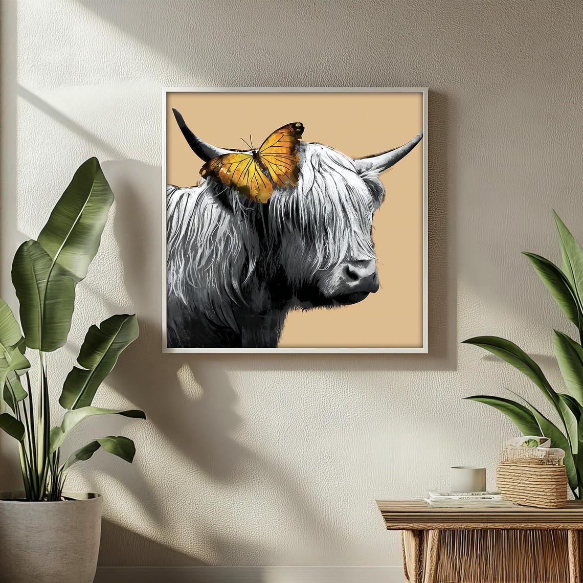 Highland Cow with Golden Butterfly on Horn Tan Style Art Poster - Image 2