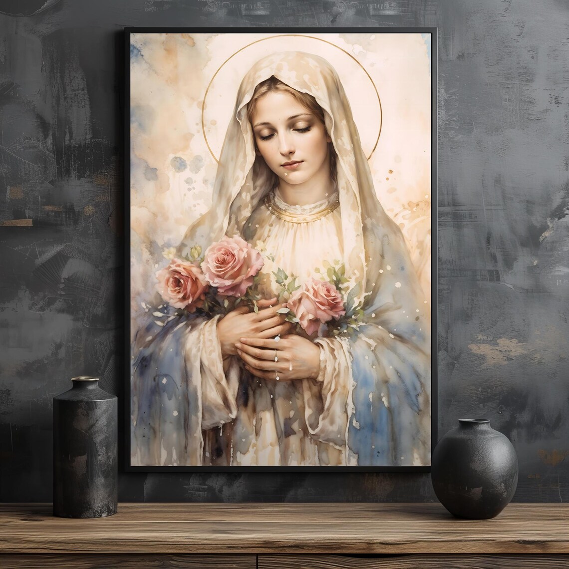 Virgin Mary With Pink Roses Soft Watercolor Religious Portrait Poster - Image 2
