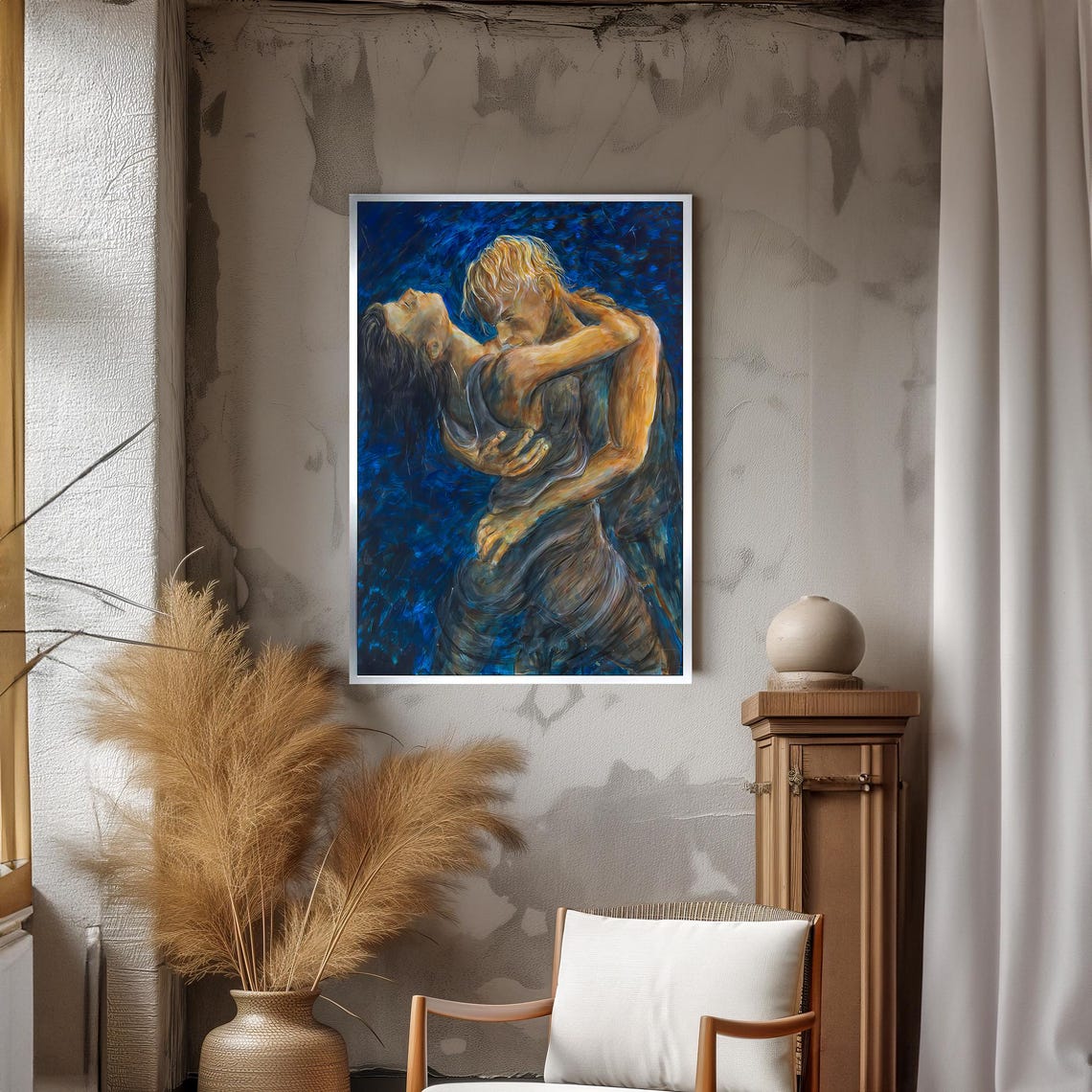 Passionate Blue Embrace Expressive Romantic Couple Art Poster - Image 3