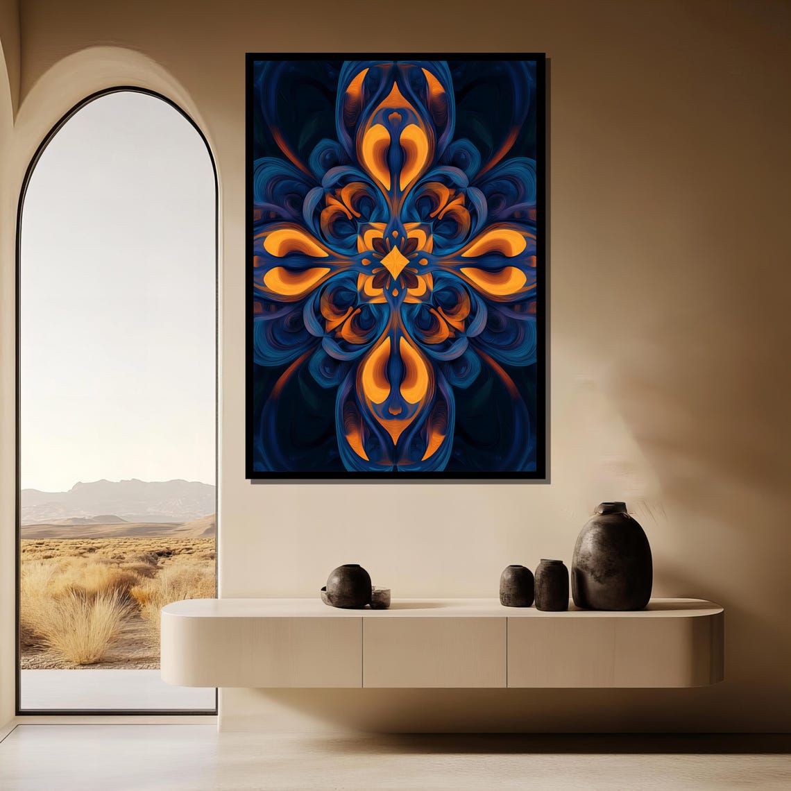 Blue And Orange Abstract Painting Modern Mandala Wall Art Geometric Home Decor Gift - Image 3