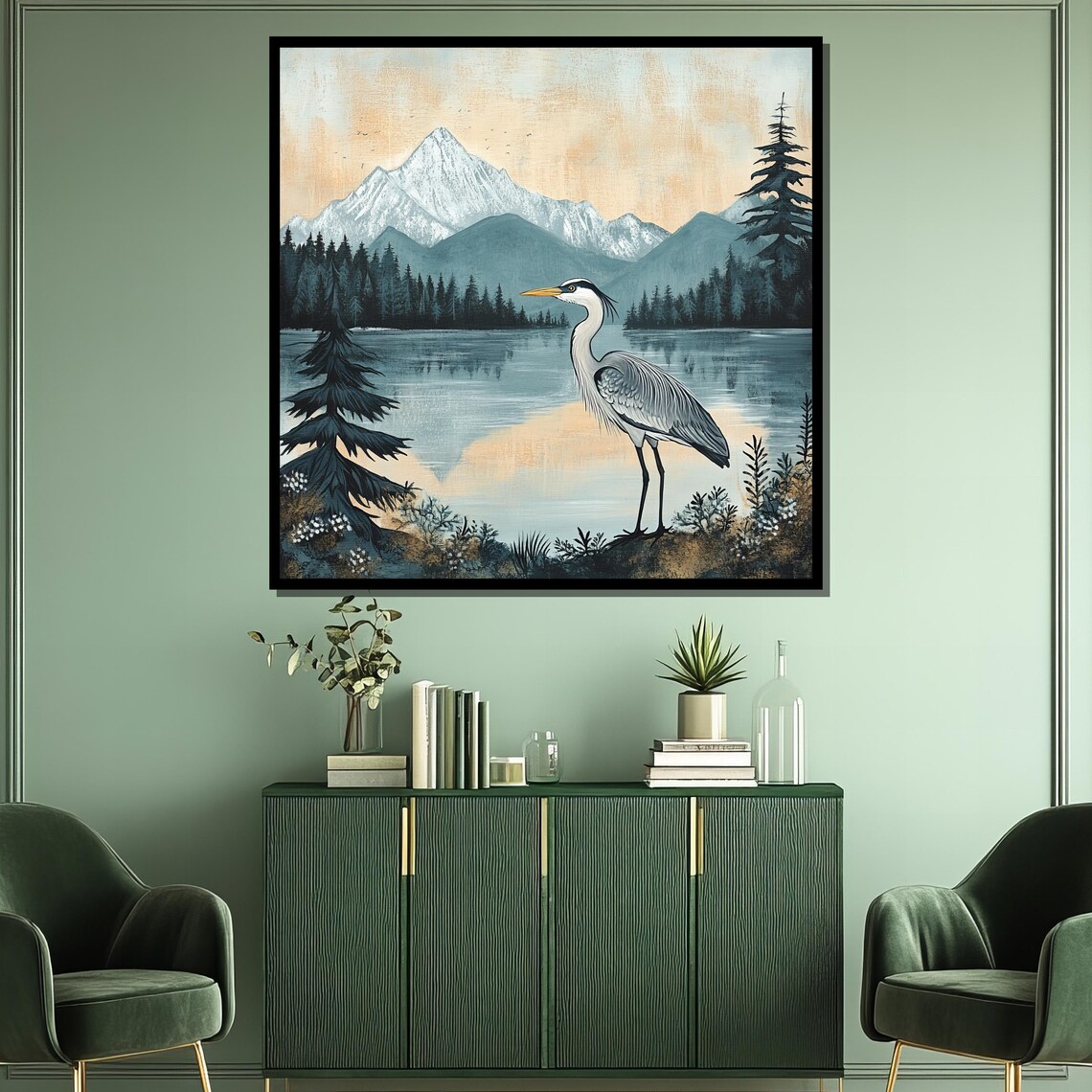 Heron By The Mountain Lake Serene Nature Landscape Scene Poster - Image 3