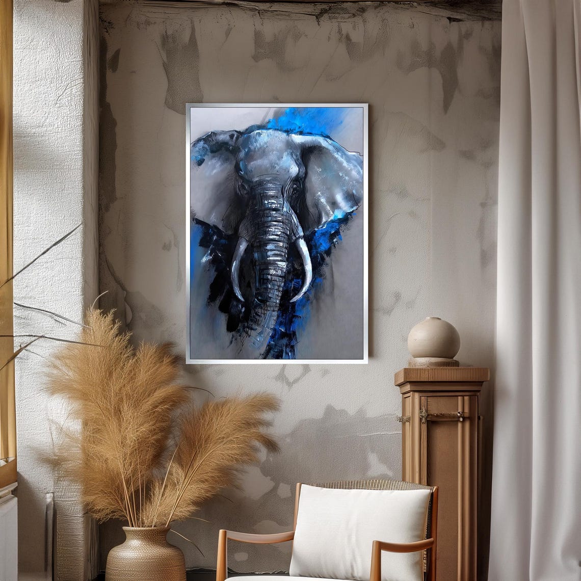 Abstract Elephant Art Bold And Powerful Animal Portrait Blue And Grey Wall Decor Ready To Hang - Image 3