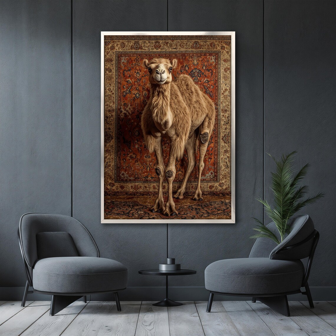 Camel Portrait Facing the Viewer Before an Orange Ornate Rug Poster - Image 3