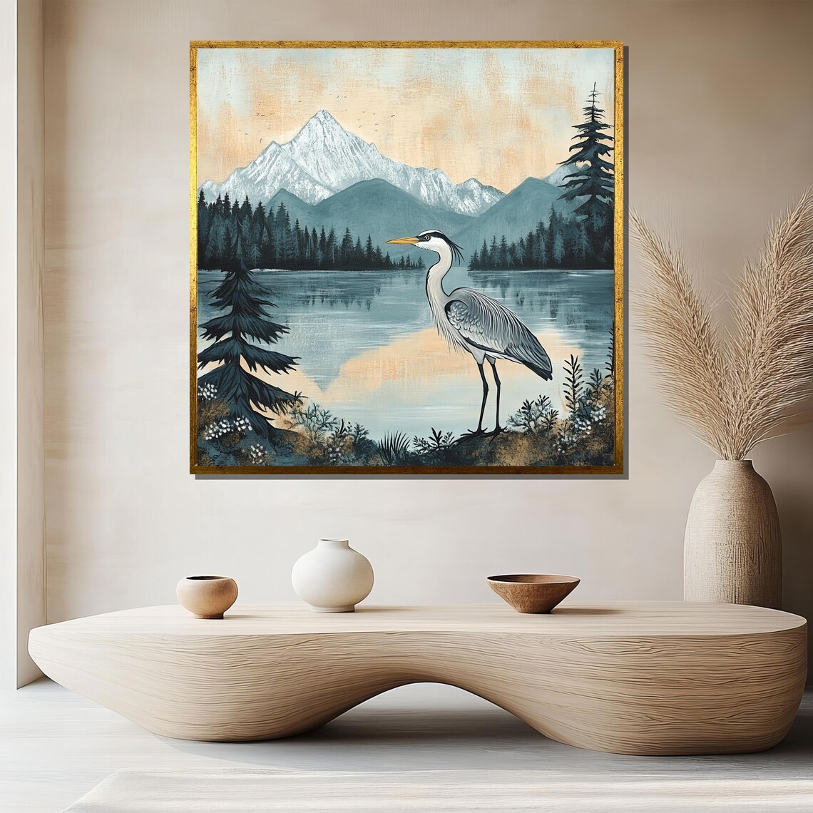 Heron By The Mountain Lake Serene Nature Landscape Scene Poster