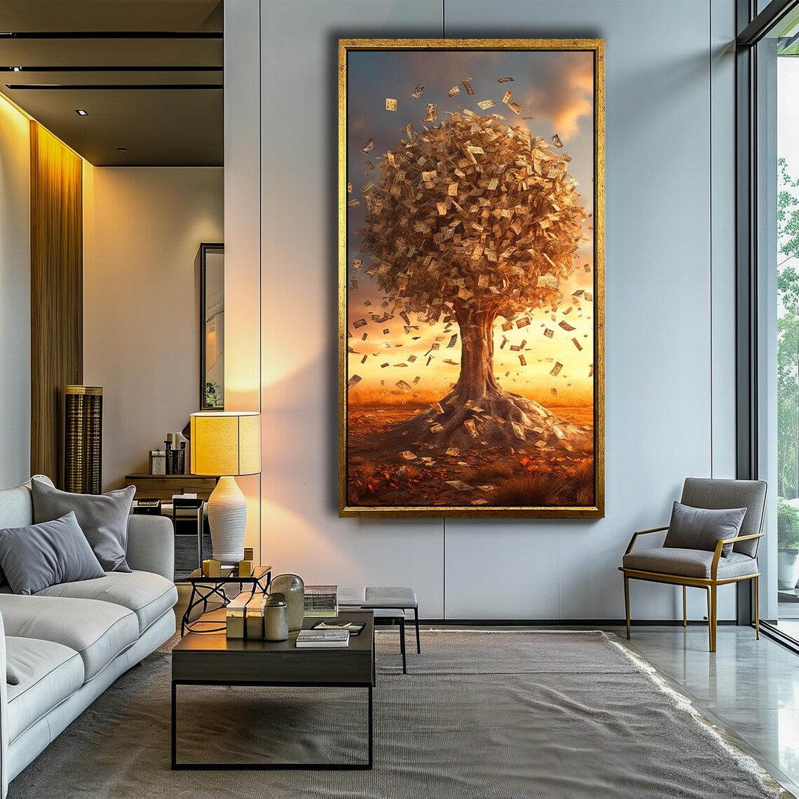 Golden Money Tree Shower of Falling Cash Bills at Sunset Poster - Image 4