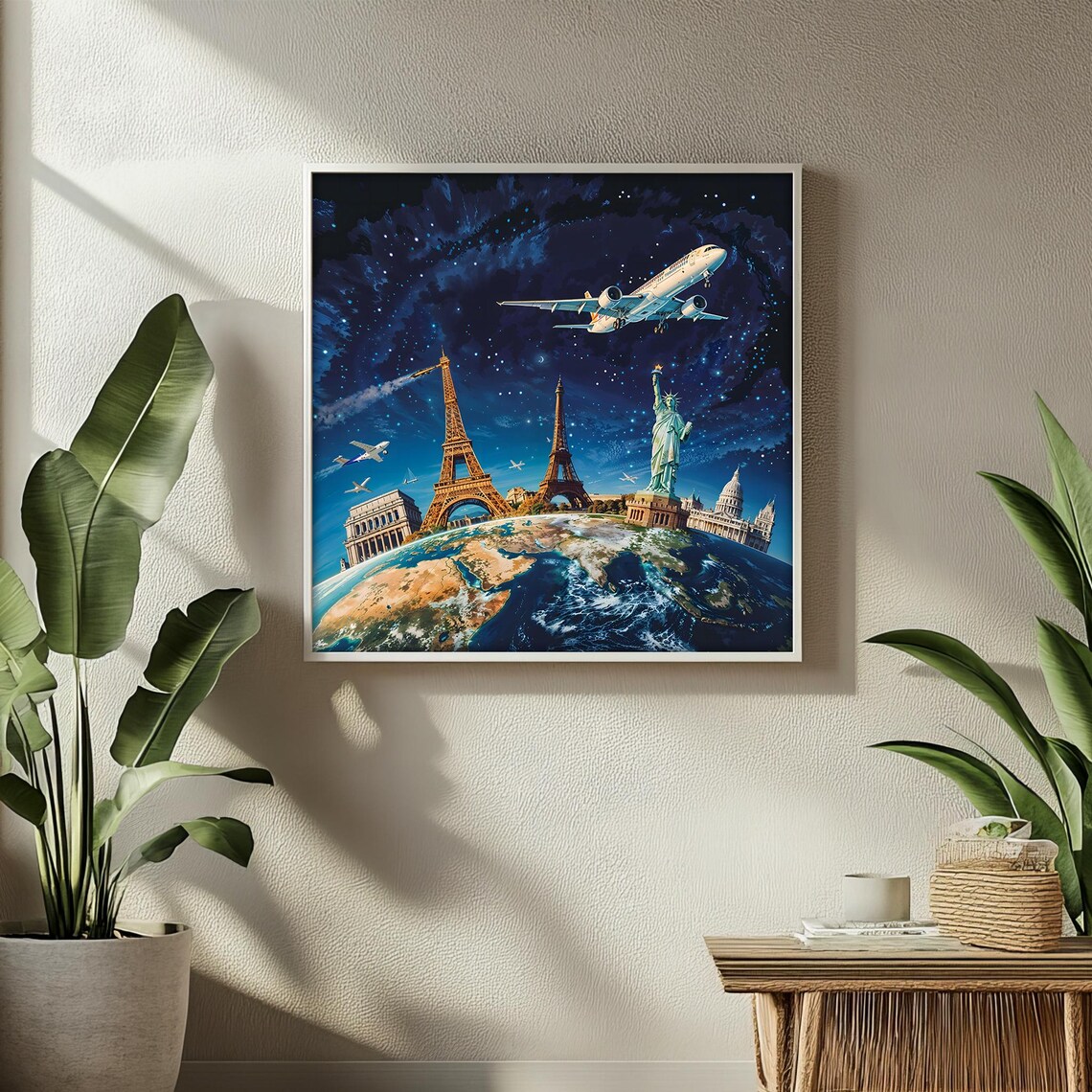 World Landmarks Under Starry Night Airplane Adventure Travel Poster - Image 2