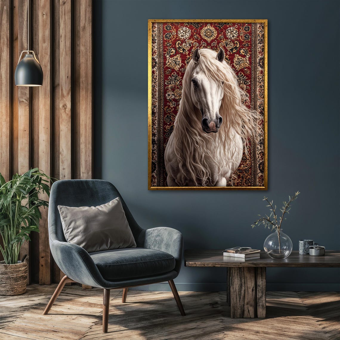 White Horse with a Long Flowing Mane on a Red Oriental Rug Poster - Image 4