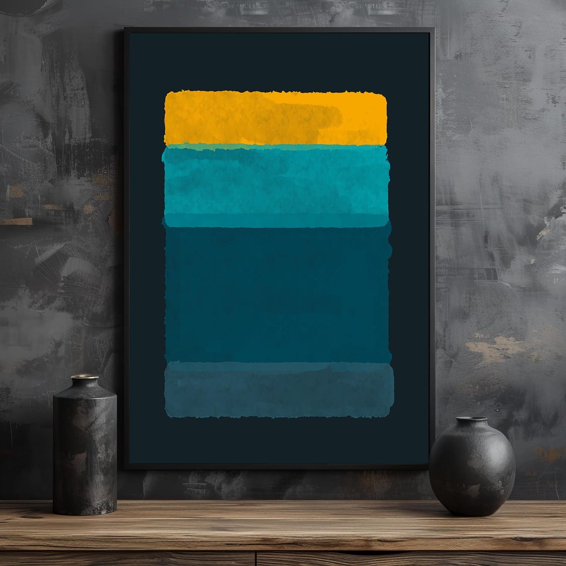 Mark Rothko Style Yellow And Teal Blocks On Black Art Poster - Image 2