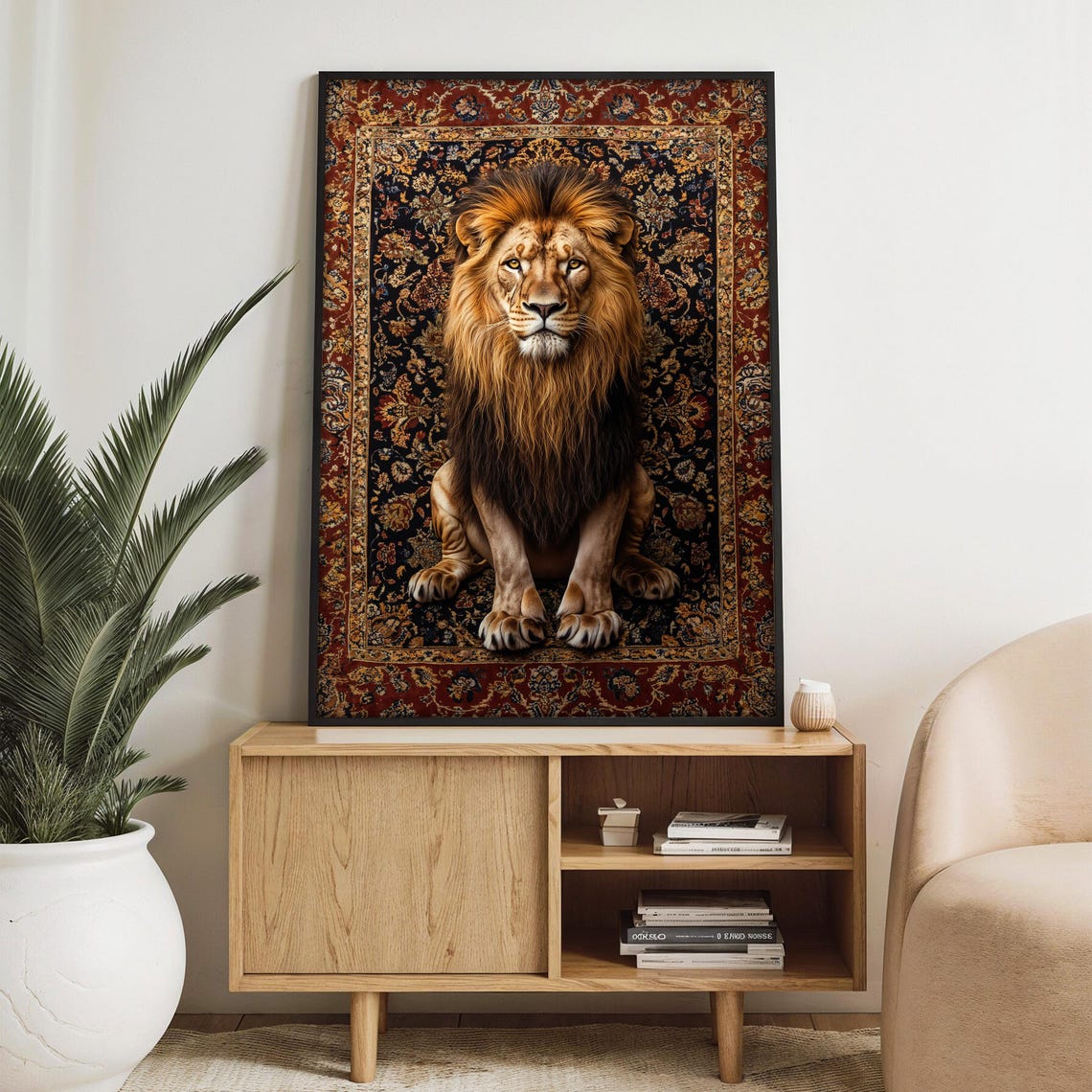 Regal Lion Sitting in State on a Dark Ornate Persian Rug Poster