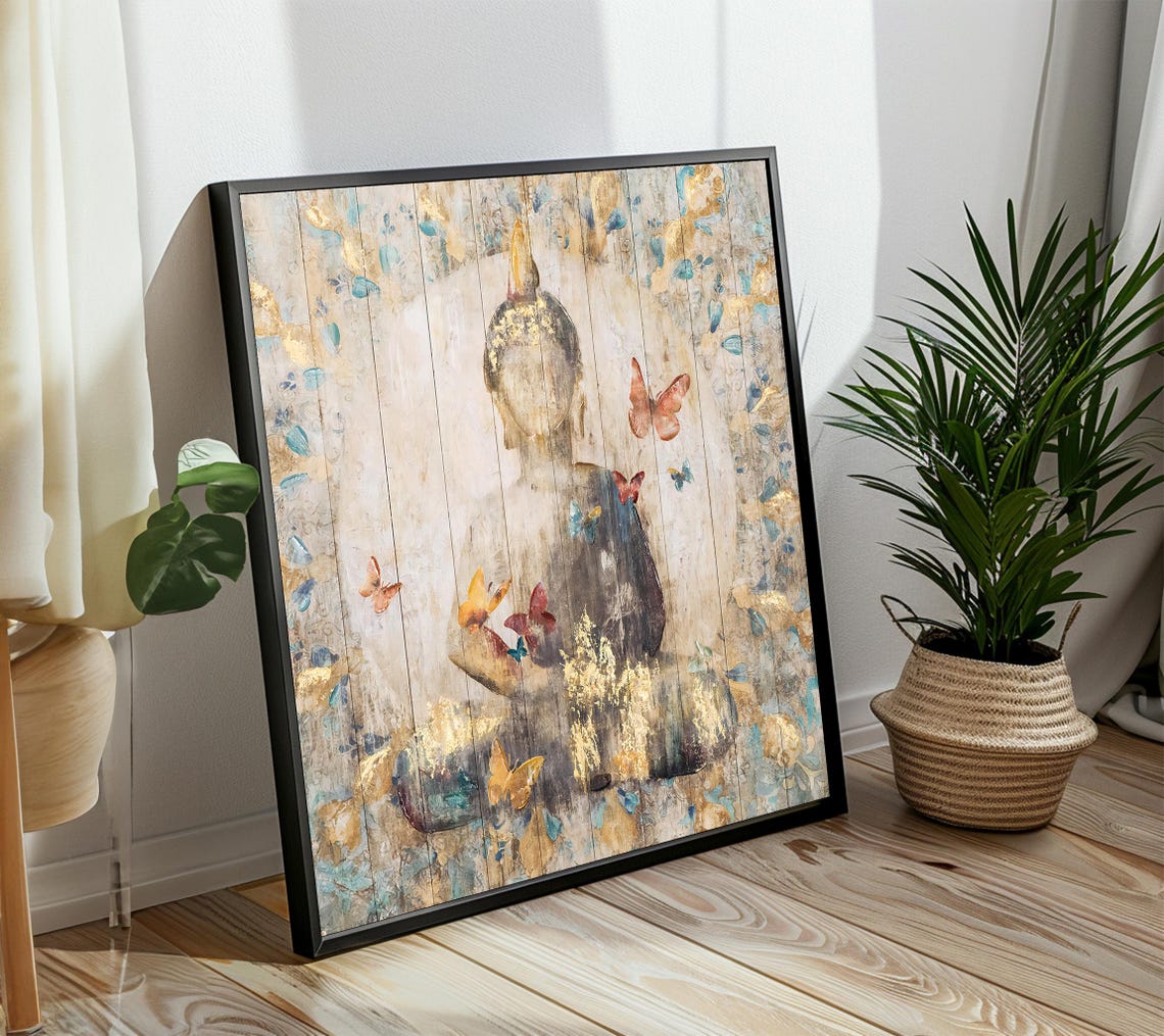 Serene Buddha with Butterflies Rustic Vintage Zen Style Poster