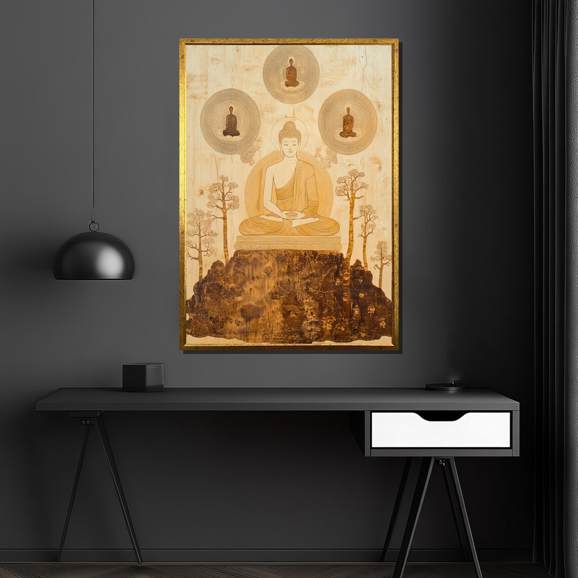 Wood Carved Buddha On Mountain Sepia Zen Spiritual Decor Poster - Image 4