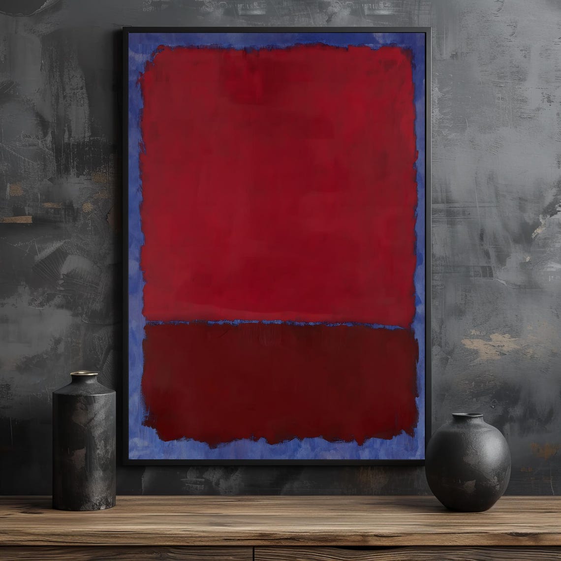 Rich Red Burgundy Over Blue Abstract Color-Field Decor Poster - Image 2