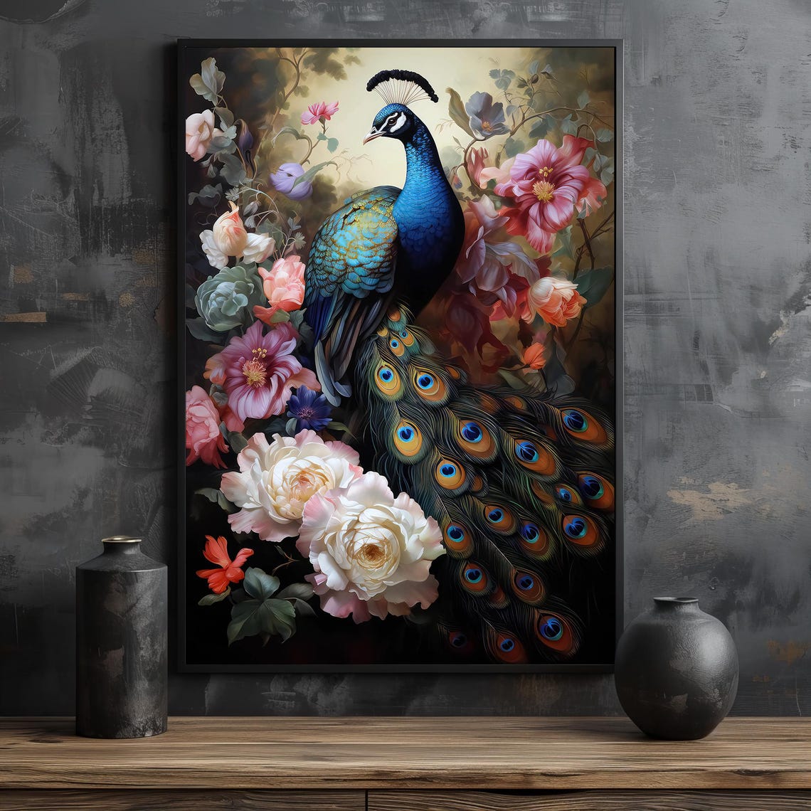 Majestic Peacock Surrounded By Colorful Flowers Elegant Poster - Image 2