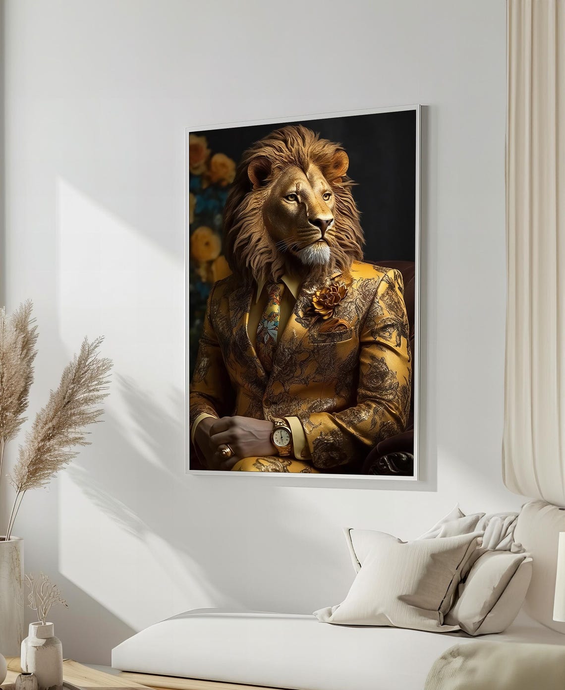 Regal Lion in a Gold Brocade Suit With Watch Portrait Poster