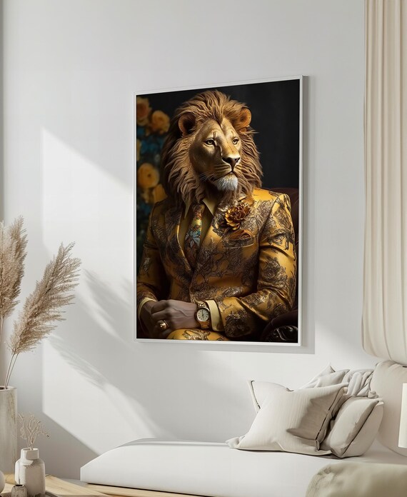 Regal Lion In Gold Suit Art Sophisticated Animal Portrait Luxury Wall Decor Ready To Hang