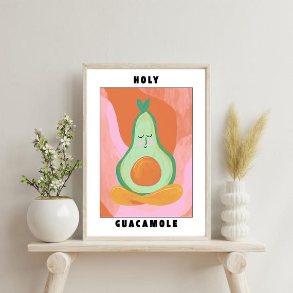 Holy Guacamole Poster Funny Meditating Avocado Wall Art Cute Yoga Kitchen Foodie Quote