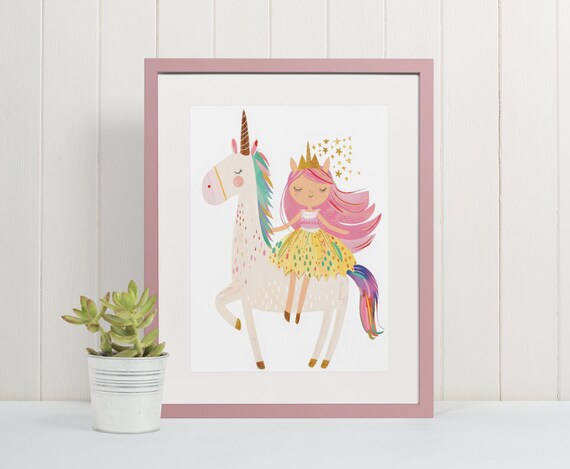 Princess Girl Riding a White Unicorn with Pink Hair Art Poster