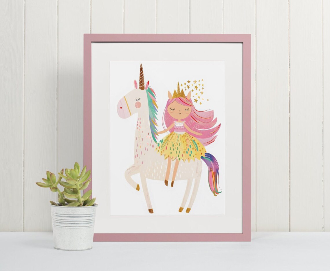 Princess Girl Riding a White Unicorn with Pink Hair Art Poster